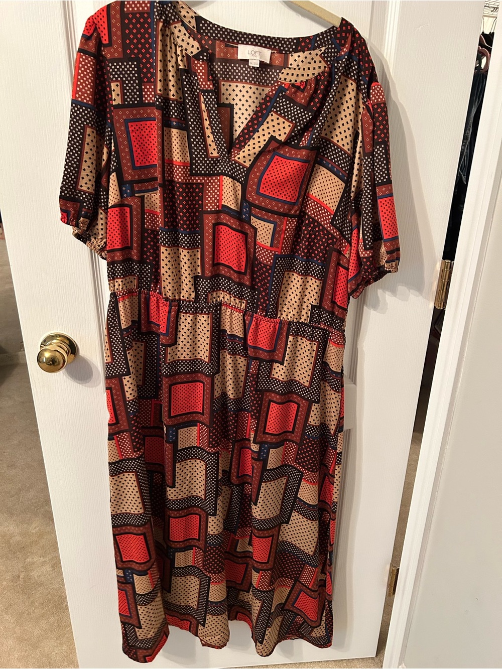 LOFT Red and Brown Geometric Midi Dress